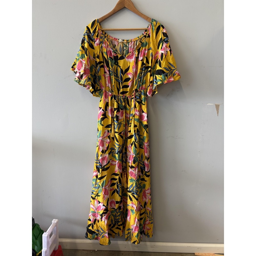 Label Of Love Dress Womens Large Yellow‎ Floral Maxi Sundress Flutter Sleeve